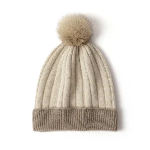 Gorro de punto acanalado de cachemir con faux piM pom chmere winter gorro