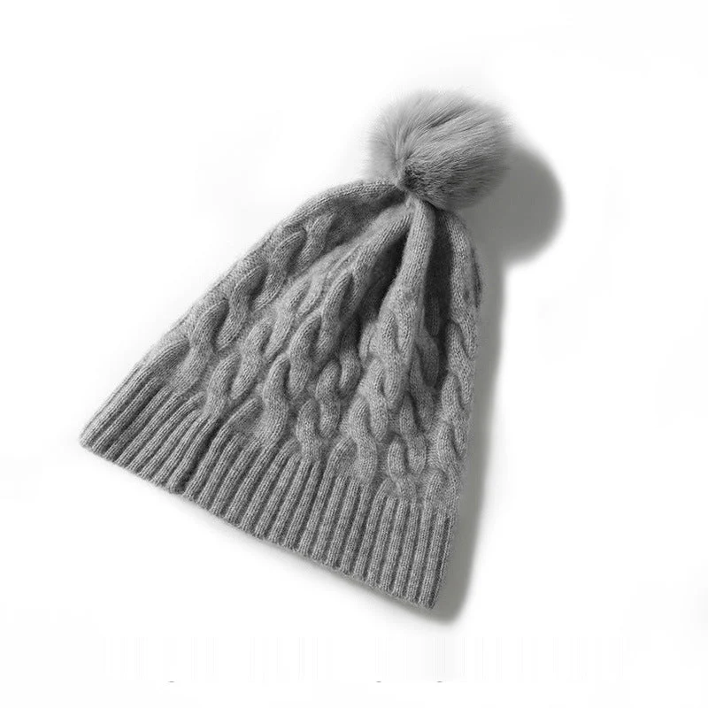 Gorro de invierno con puños de cachemir y pompón de piel de gorro tejido de ochos de pura cachemira - Imagen 6