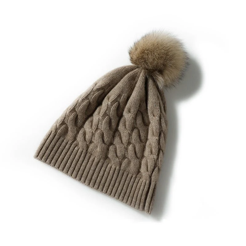 Gorro de invierno con puños de cachemir y pompón de piel de gorro tejido de ochos de pura cachemira - Imagen 3