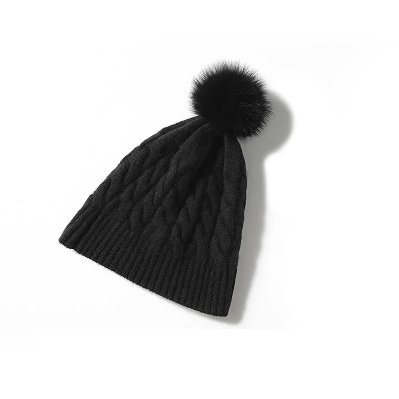 Gorro de invierno con puños de cachemir y pompón de piel de gorro tejido de ochos de pura cachemira - Imagen 4