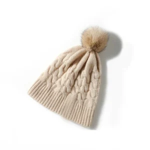 Gorro de invierno con puños de cachemir y pompón de piel de gorro tejido de ochos de pura cachemira