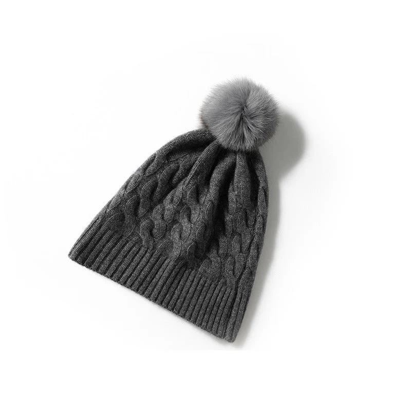 Gorro de invierno con puños de cachemir y pompón de piel de gorro tejido de ochos de pura cachemira - Imagen 7