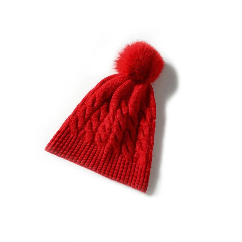 Gorro de invierno con puños de cachemir y pompón de piel de gorro tejido de ochos de pura cachemira - Imagen 5