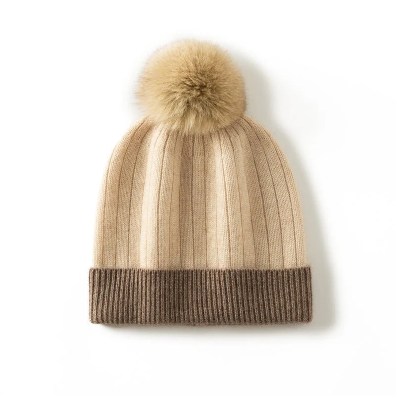 Gorro de cachemira pura para mujer con pompón de pelo Gorro de invierno de punto acanalado de cachemira