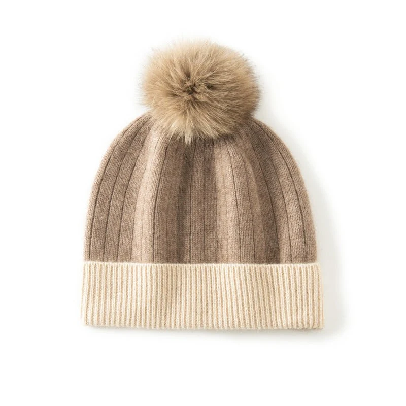 Gorro de cachemira pura para mujer con pompón de pelo Gorro de invierno de punto acanalado de cachemira - Imagen 3