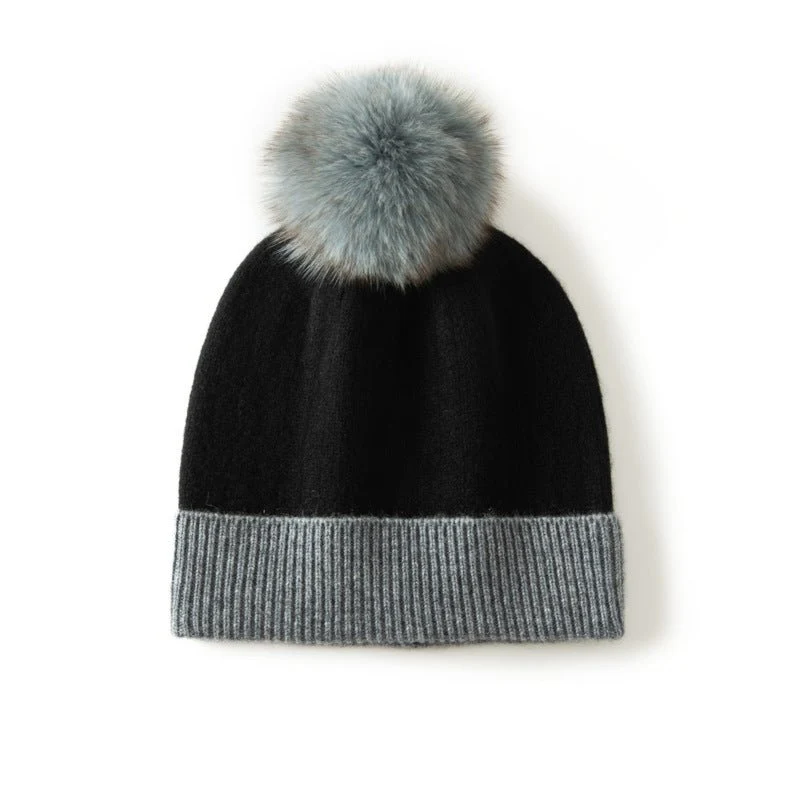 Gorro de cachemira pura para mujer con pompón de pelo Gorro de invierno de punto acanalado de cachemira - Imagen 5