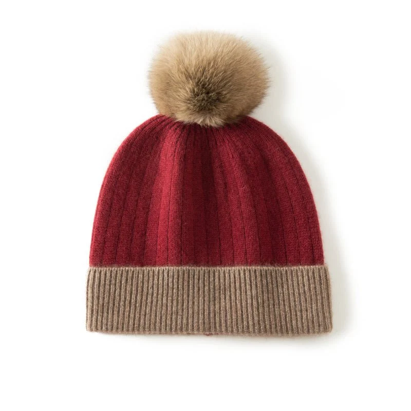 Gorro de cachemira pura para mujer con pompón de pelo Gorro de invierno de punto acanalado de cachemira - Imagen 4
