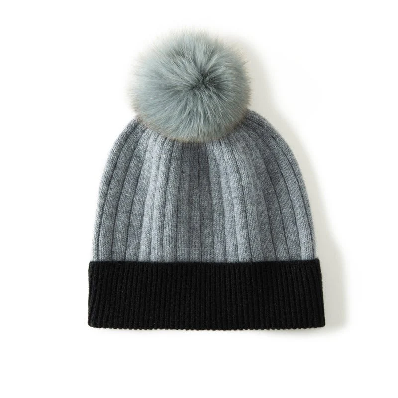 Gorro de cachemira pura para mujer con pompón de pelo Gorro de invierno de punto acanalado de cachemira - Imagen 6