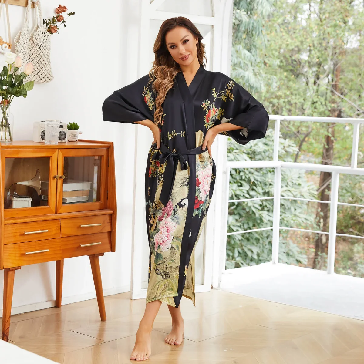 Túnica de kimono de seda con estampado floral Blassoms de peonía Basta de seda - Imagen 6