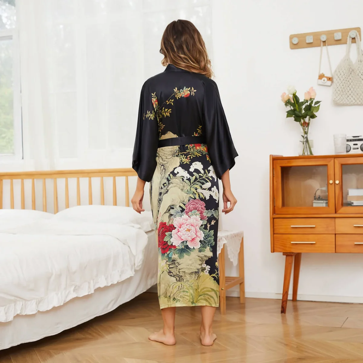 Túnica de kimono de seda con estampado floral Blassoms de peonía Basta de seda - Imagen 4