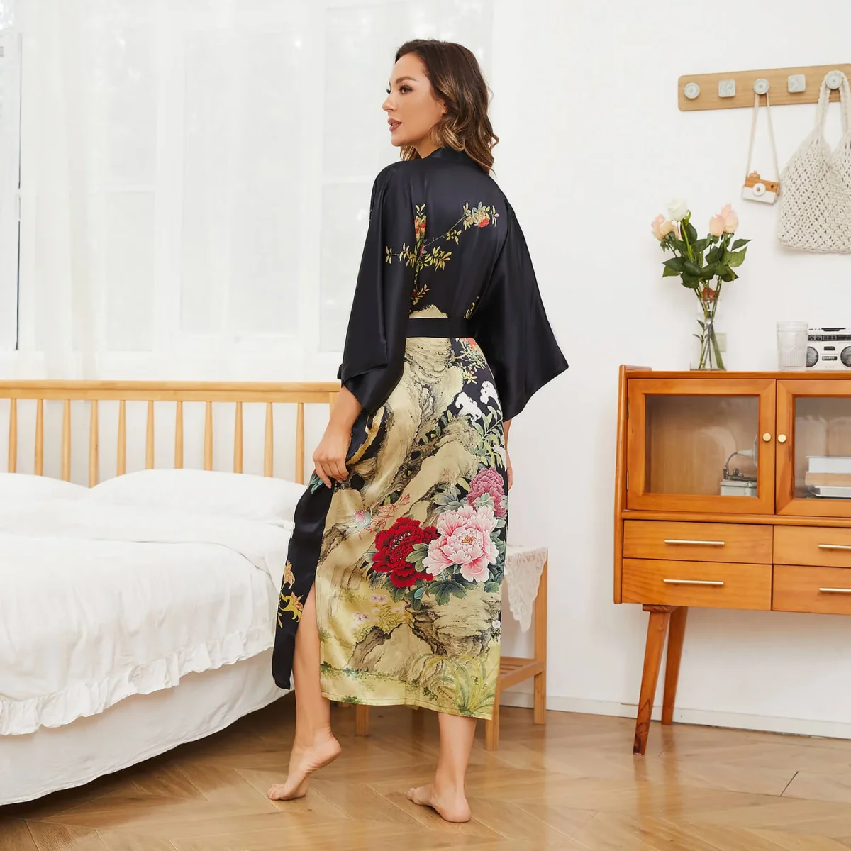 Túnica de kimono de seda con estampado floral Blassoms de peonía Basta de seda - Imagen 3
