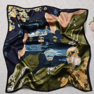 Bufanda de seda 100% para mujer Bufanda de seda cuadrada con estampado floral
