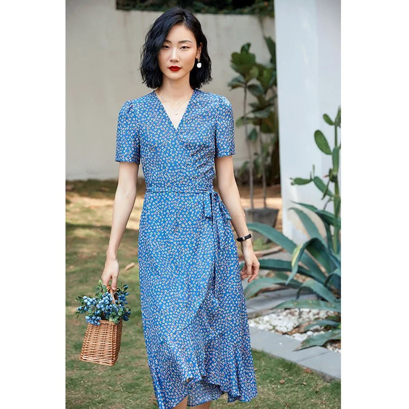 Vestido midi de envoltura floral corbata lateral de manga corta Damas de verano de verano de verano - Imagen 5