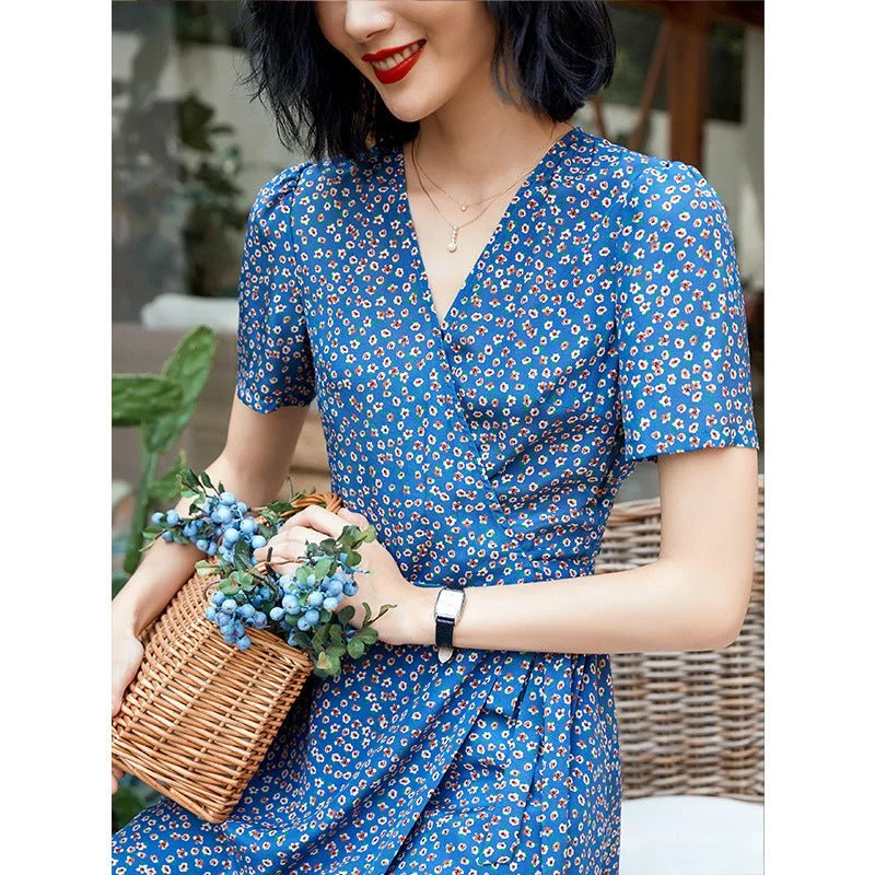 Vestido midi de envoltura floral corbata lateral de manga corta Damas de verano de verano de verano - Imagen 3