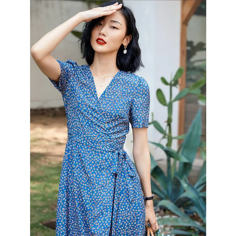 Vestido midi de envoltura floral corbata lateral de manga corta Damas de verano de verano de verano - Imagen 4