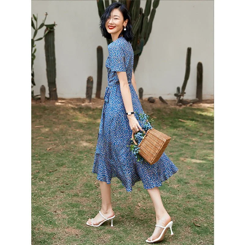 Vestido midi de envoltura floral corbata lateral de manga corta Damas de verano de verano de verano - Imagen 7