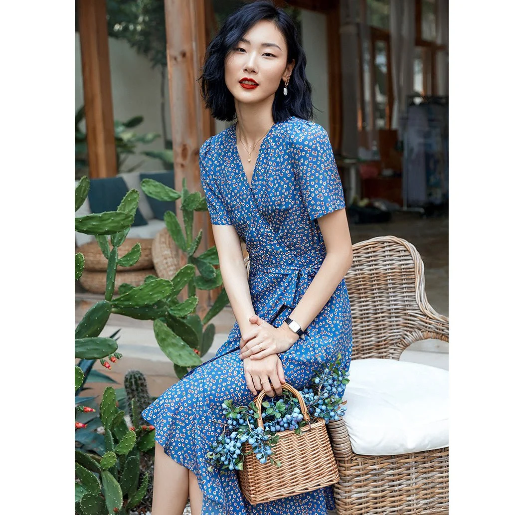 Vestido midi de envoltura floral corbata lateral de manga corta Damas de verano de verano de verano