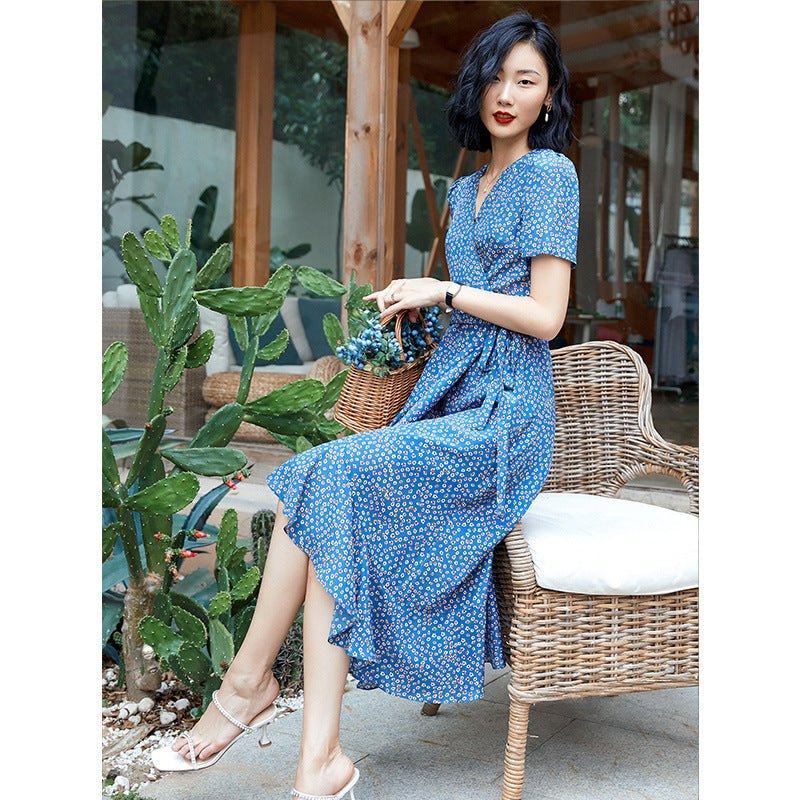 Vestido midi de envoltura floral corbata lateral de manga corta Damas de verano de verano de verano - Imagen 6