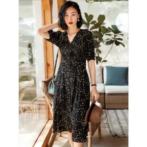 Botón Director de estampado floral de seda delantero Damas de verano Summer Silk Dresses