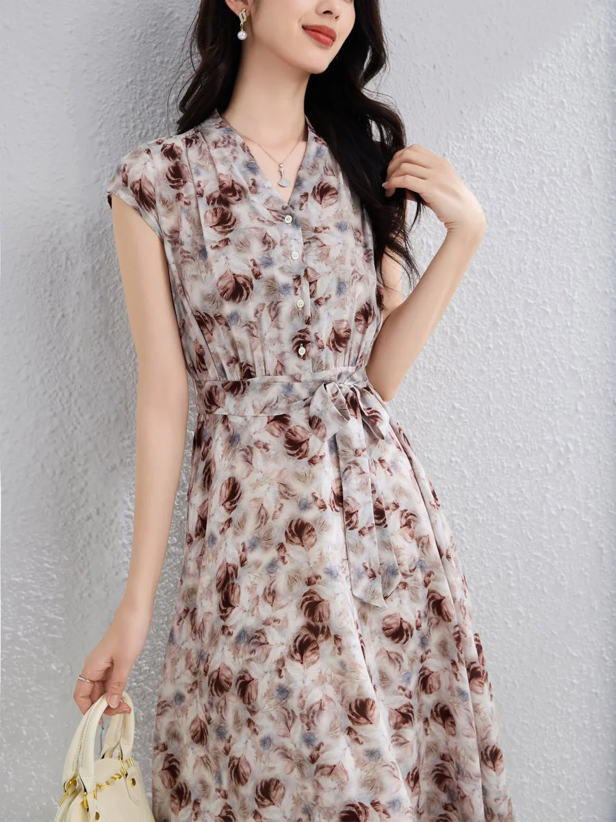Vestido floral 100% seda para mujer Vestido midi de seda con cuello en V y cinturón Vestido de verano - Imagen 4