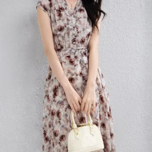Vestido floral 100% seda para mujer Vestido midi de seda con cuello en V y cinturón Vestido de verano