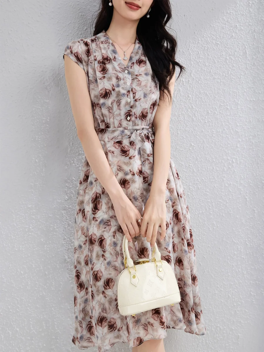 Vestido floral 100% seda para mujer Vestido midi de seda con cuello en V y cinturón Vestido de verano
