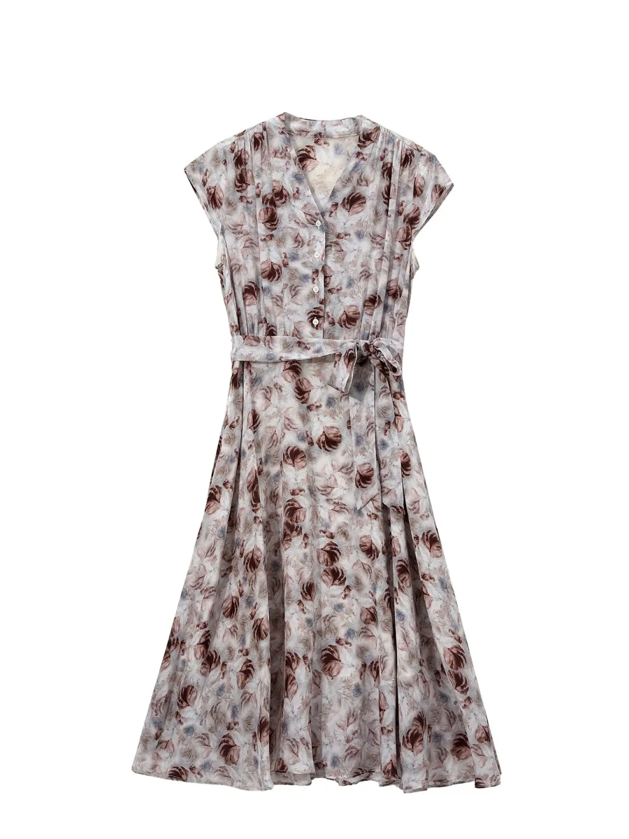 Vestido floral 100% seda para mujer Vestido midi de seda con cuello en V y cinturón Vestido de verano - Imagen 6