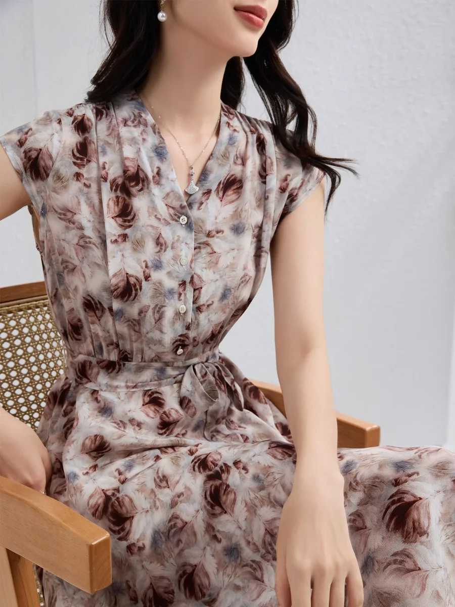 Vestido floral 100% seda para mujer Vestido midi de seda con cuello en V y cinturón Vestido de verano - Imagen 5