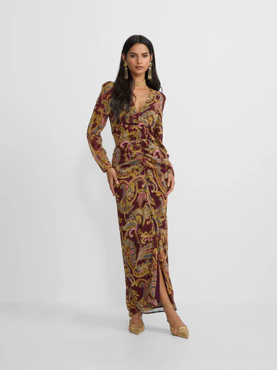 Silbon vestido largo abertura estampado cachemir burdeos - Imagen 4