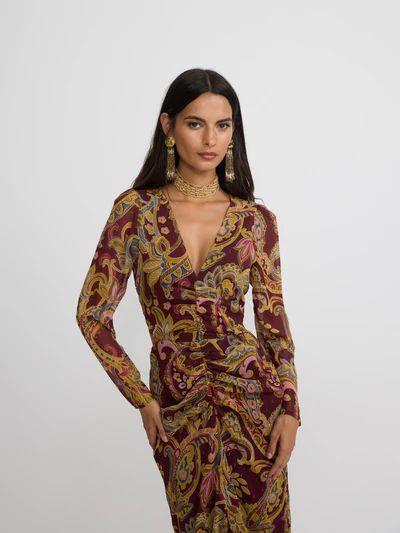 Silbon vestido largo abertura estampado cachemir burdeos - Imagen 3