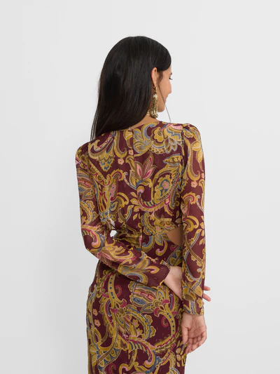 Silbon vestido largo abertura estampado cachemir burdeos - Imagen 5