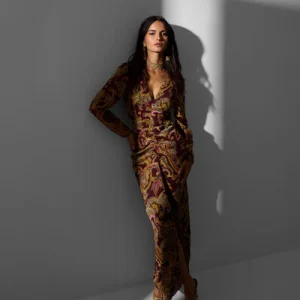 Silbon vestido largo abertura estampado cachemir burdeos