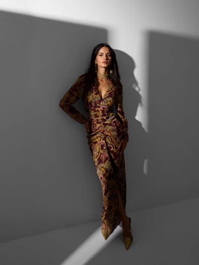 Silbon vestido largo abertura estampado cachemir burdeos