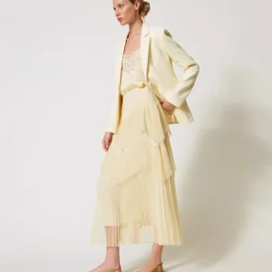 Twinset falda larga de tul con volantes plisados vainilla