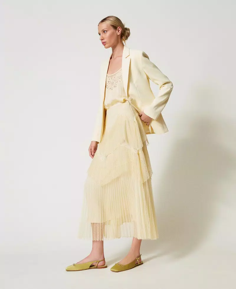 Twinset falda larga de tul con volantes plisados vainilla