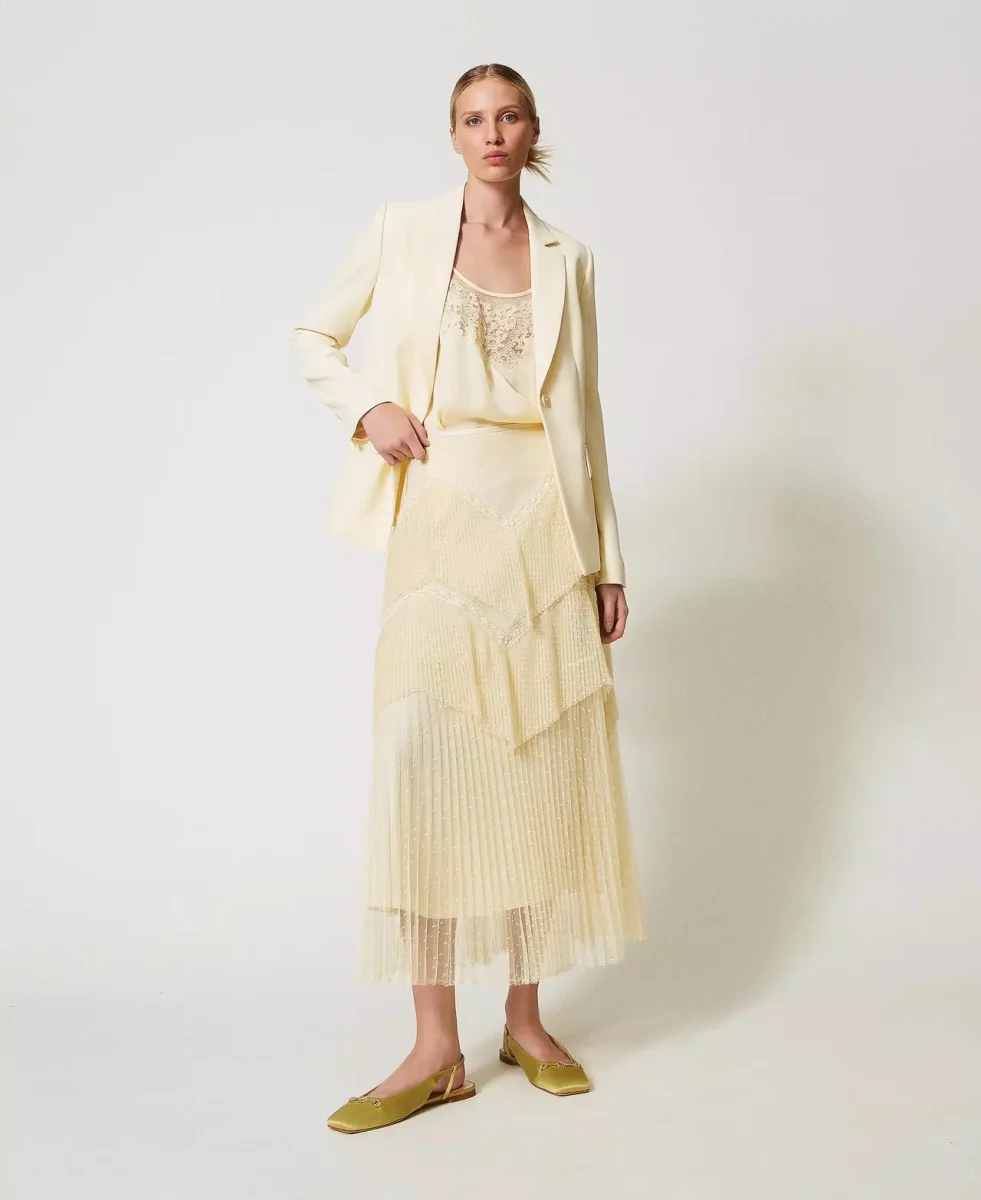 Twinset falda larga de tul con volantes plisados vainilla - Imagen 4