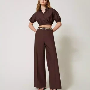 Twinset pantalon palazzo de popelina con cinturon marron