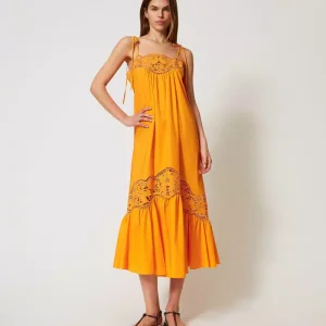Twinset vestido largo de popelina con bordado ingles