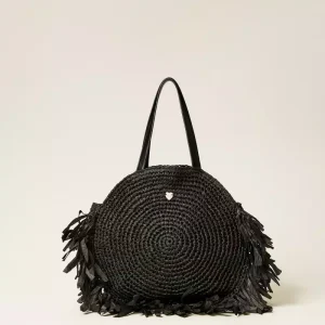 Twinset boso shopper redondo de rafia con flecos