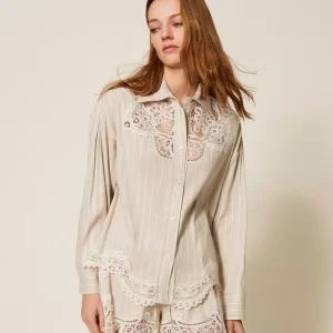 Twinset camisa en mezcla de lino con encaje