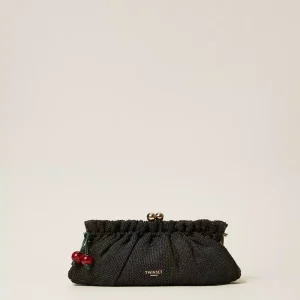 Twinset bolso clutch de rafia con colgante negro