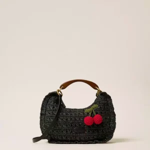 Twinset bolso croissant de rafia de ganchillo con cerezas negro