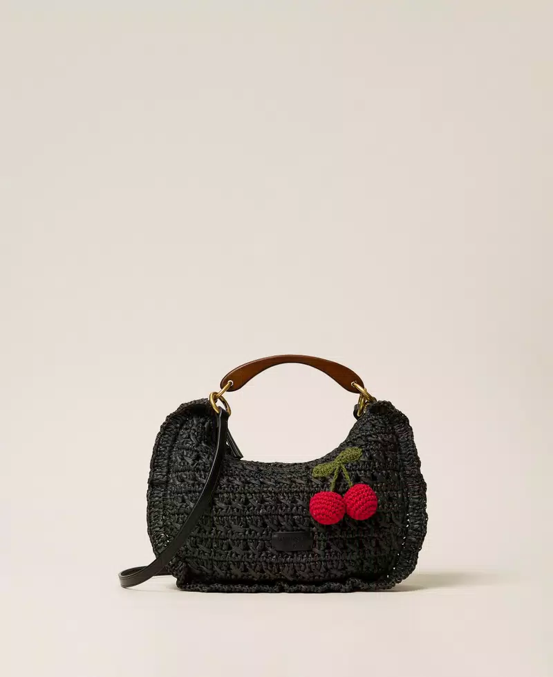 Twinset bolso croissant de rafia de ganchillo con cerezas negro - Imagen 2