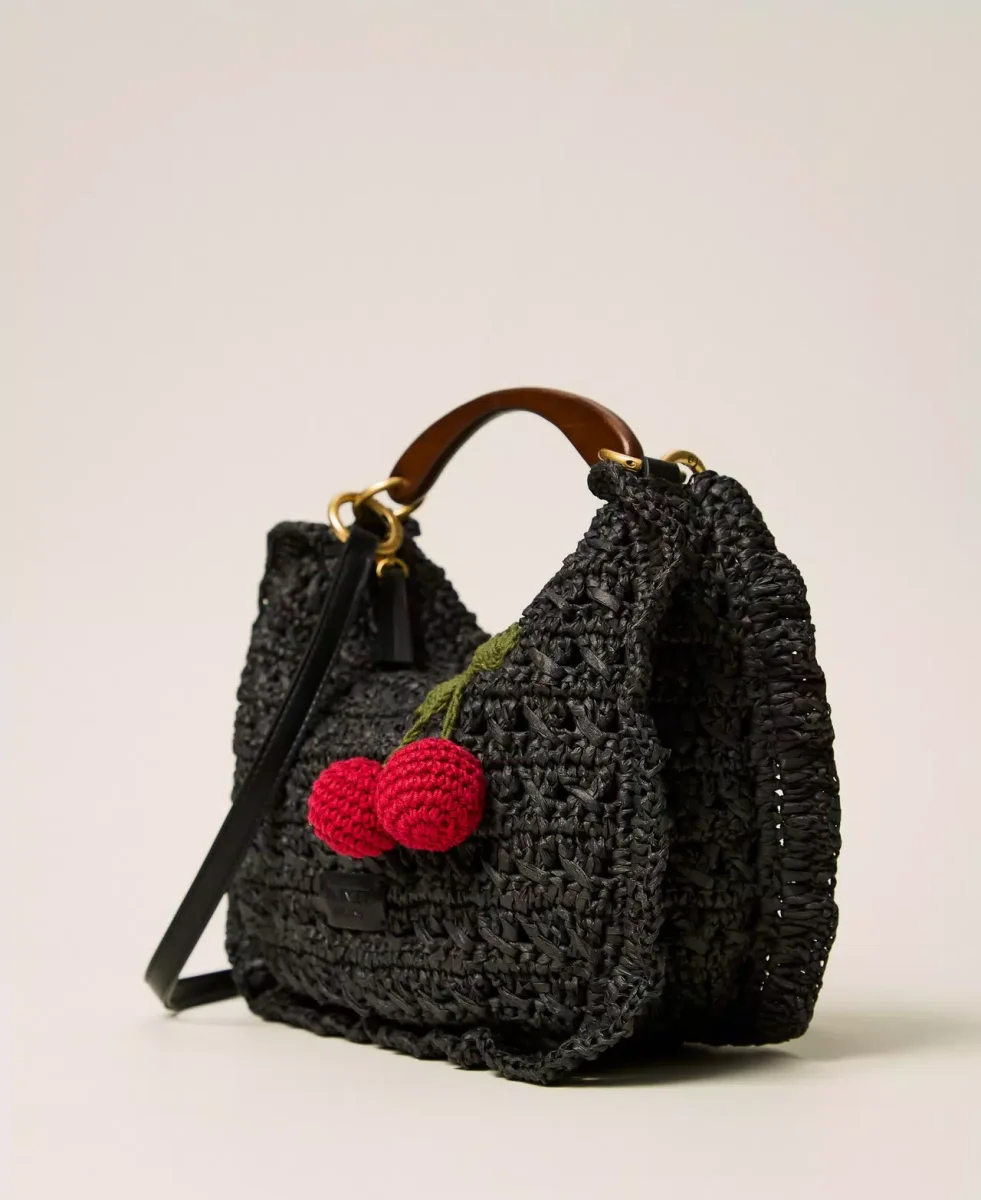 Twinset bolso croissant de rafia de ganchillo con cerezas negro - Imagen 3