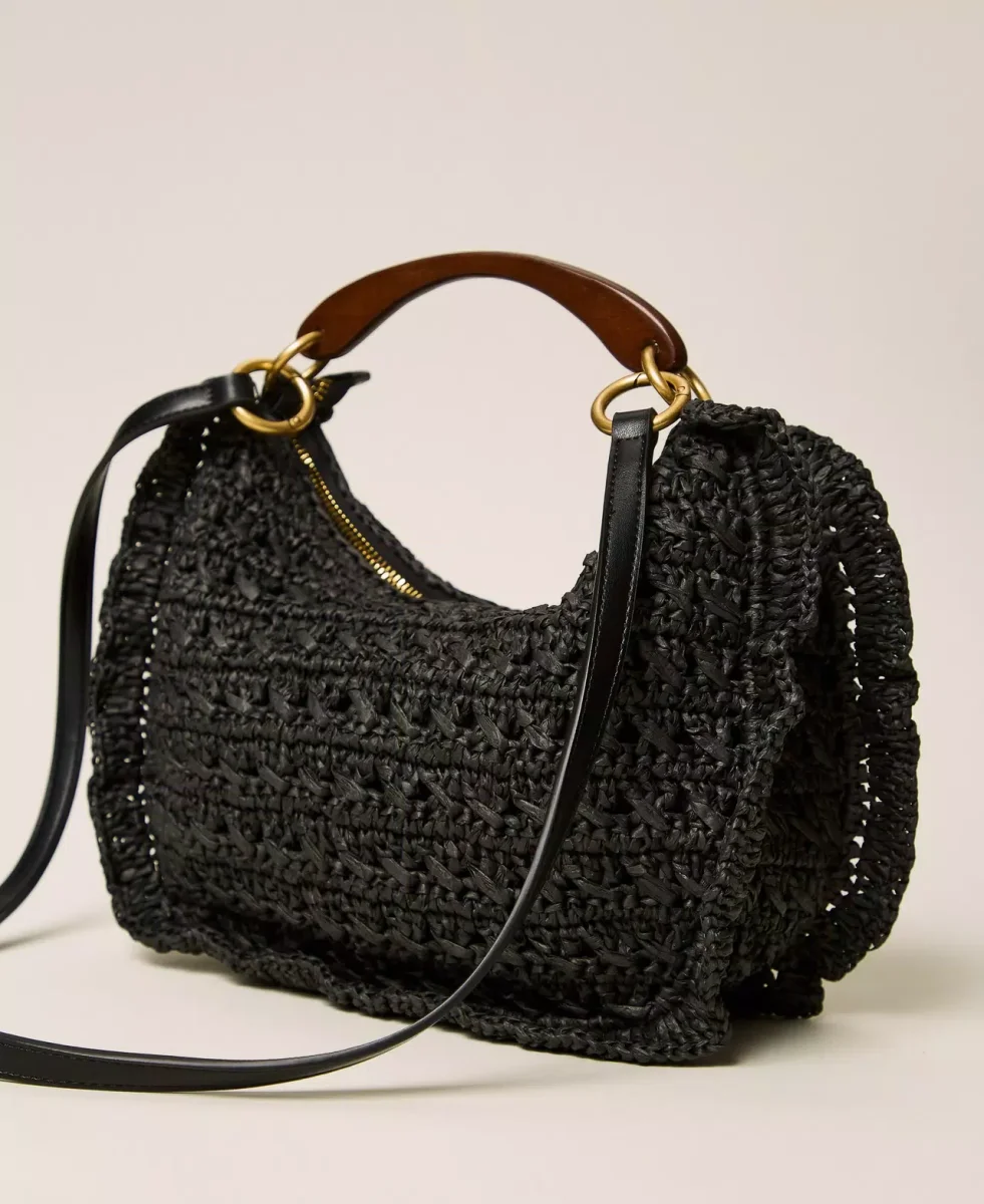Twinset bolso croissant de rafia de ganchillo con cerezas negro - Imagen 4