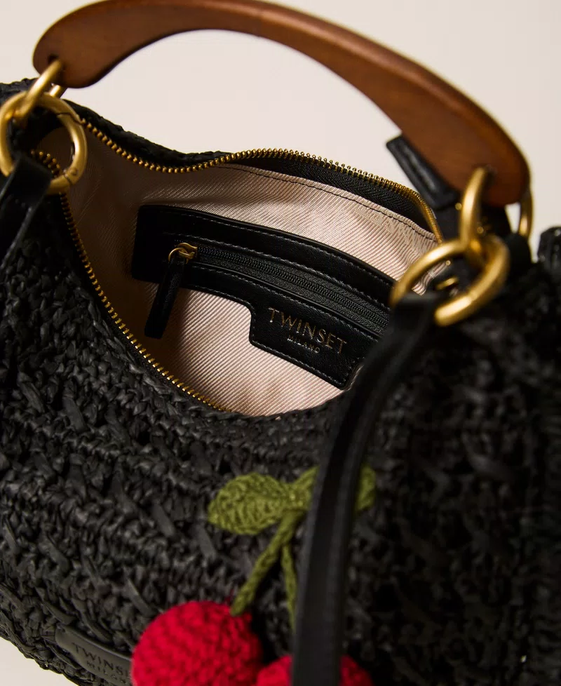 Twinset bolso croissant de rafia de ganchillo con cerezas negro - Imagen 5