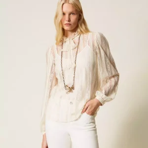 Twinset blusa de encaje a rayas con bordado