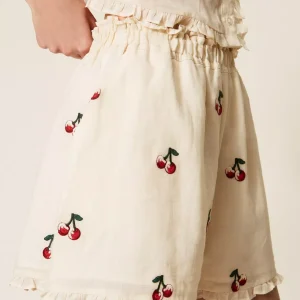 Twinset pantalon corto de ramio con bordado de cerezas