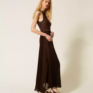 Twinset vestido largo de punto y georgette plisado
