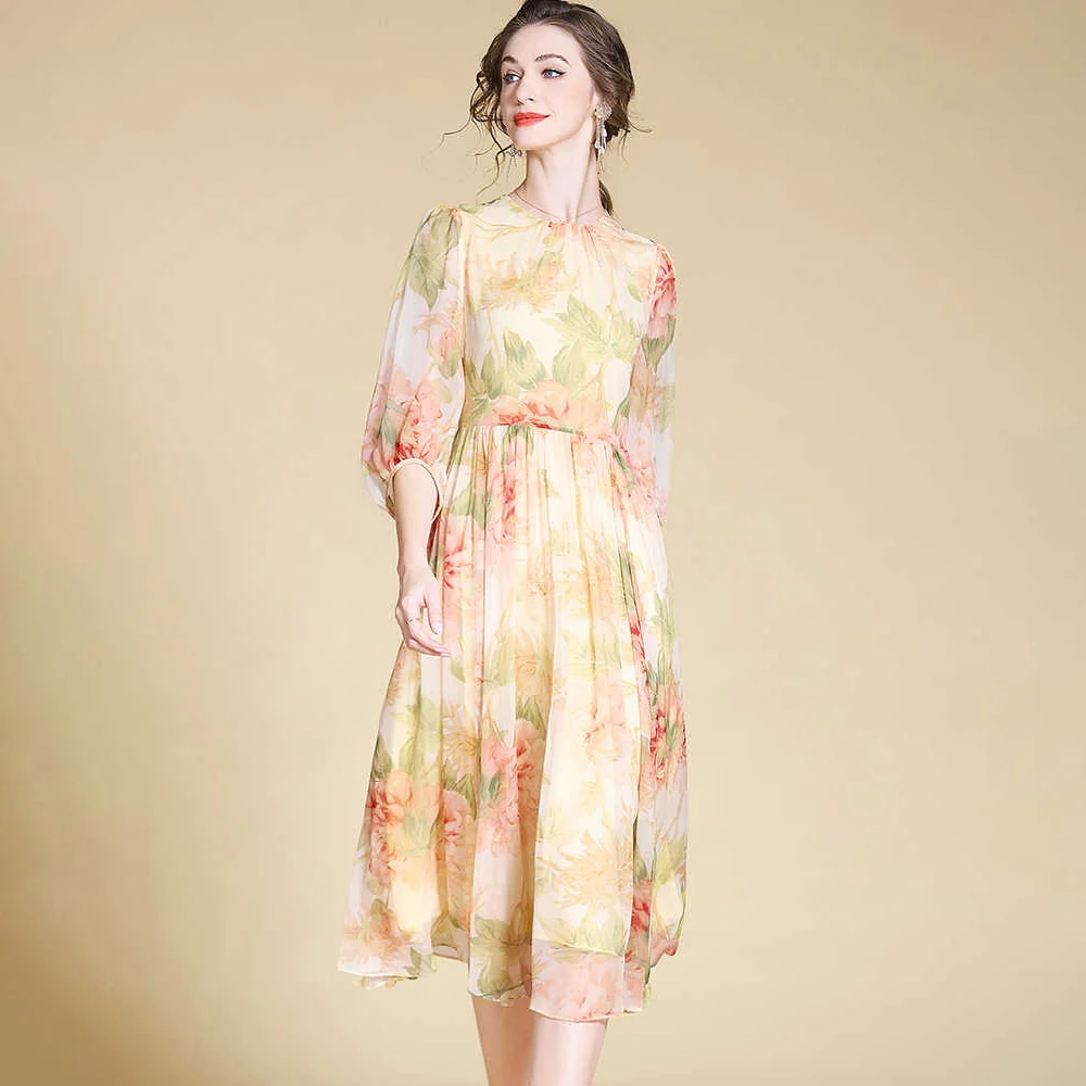 Vestido midi de seda floral para mujer Vestidos largos de seda - Imagen 3